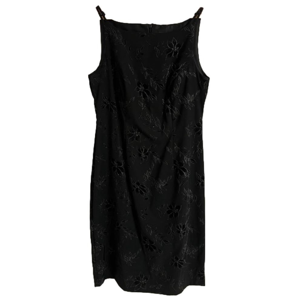 Women’s CDC Formal Black Dress with Velvet Floral Accents Size 12